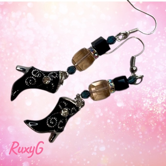 597. Black and Silver Boot Earrings w/ Sworaski Crystal - Picture 7 of 8